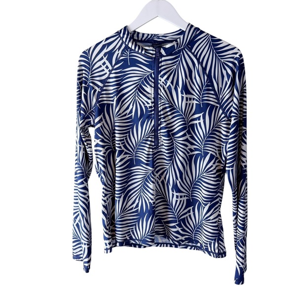 Aqua Et Sol Womens XL Blue White Palm Leaf Print Zip Up Rash Guard Swim Top - Picture 1 of 7
